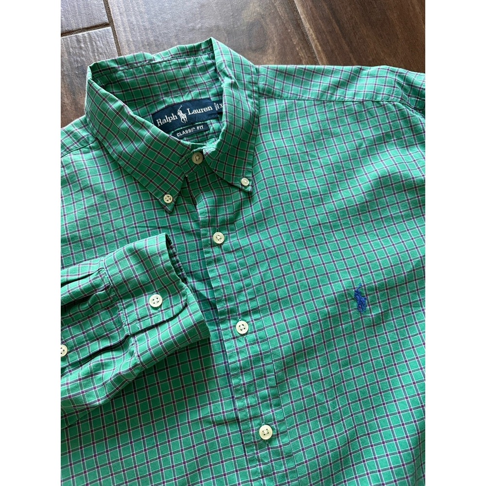 Ralph Lauren Oxford Cotton Green Plaid Button Front Pony Shirt Sz XL Long Sleeve